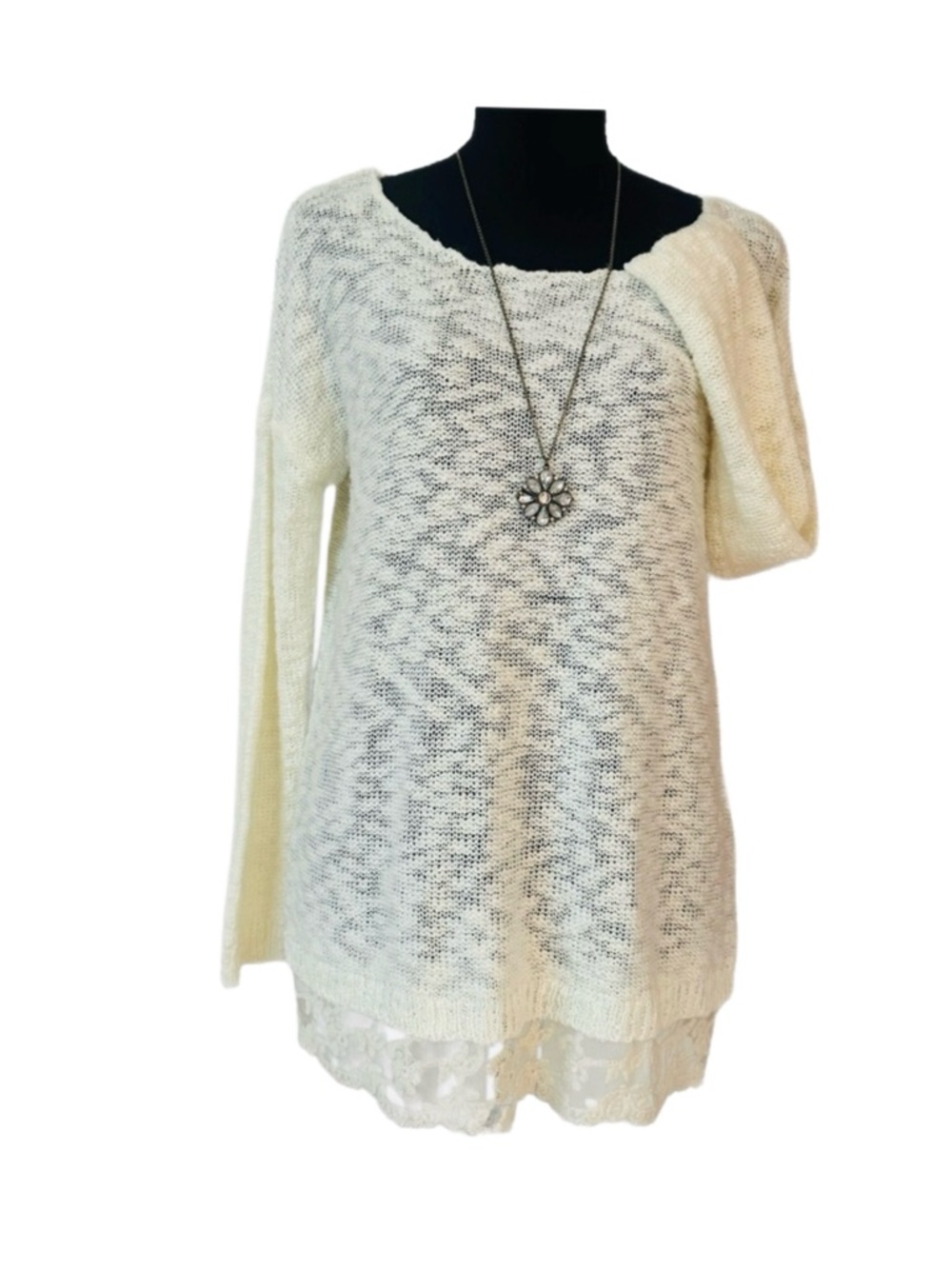 #5 HIPPIE ROSE ~ Cream Lightweight Long Sleeve Knit Top w/Delicate Lace Hemline